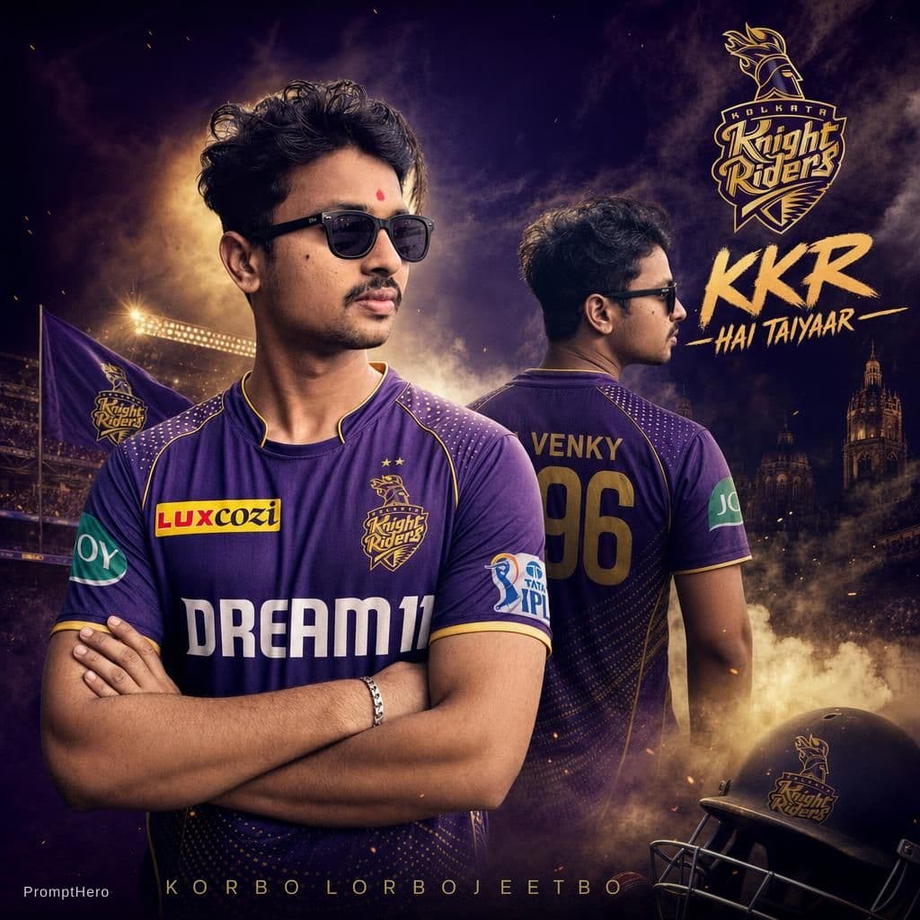 AI generated: A professional sports-themed poster featuring a confident man in cricket jersey, layered

compositio...