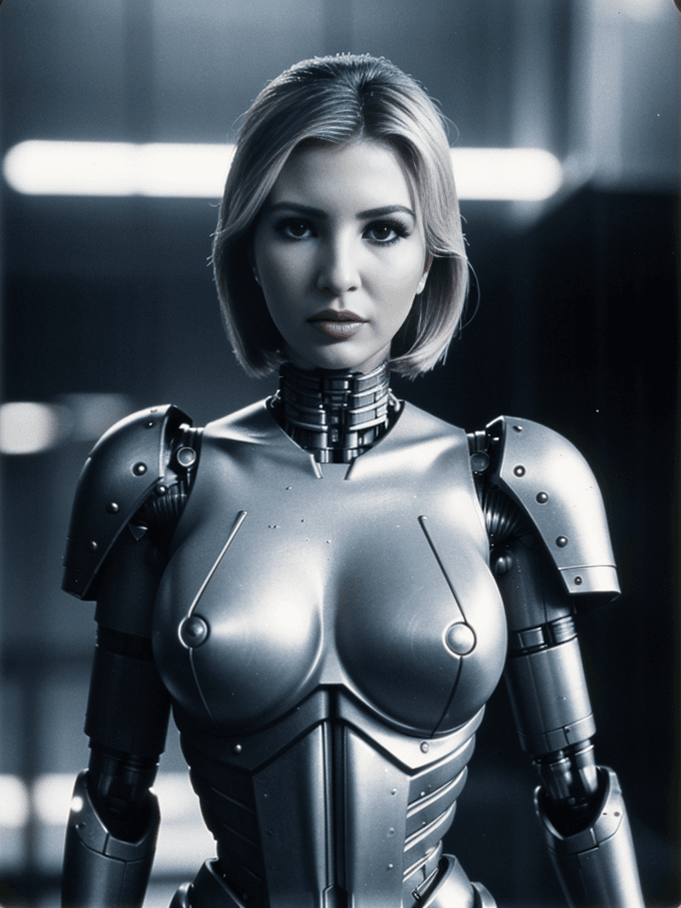 AI generated: highly detailed half body,cyborg skeletal body modifications Ivanka Trump as terminator,cyberpunk,sh...