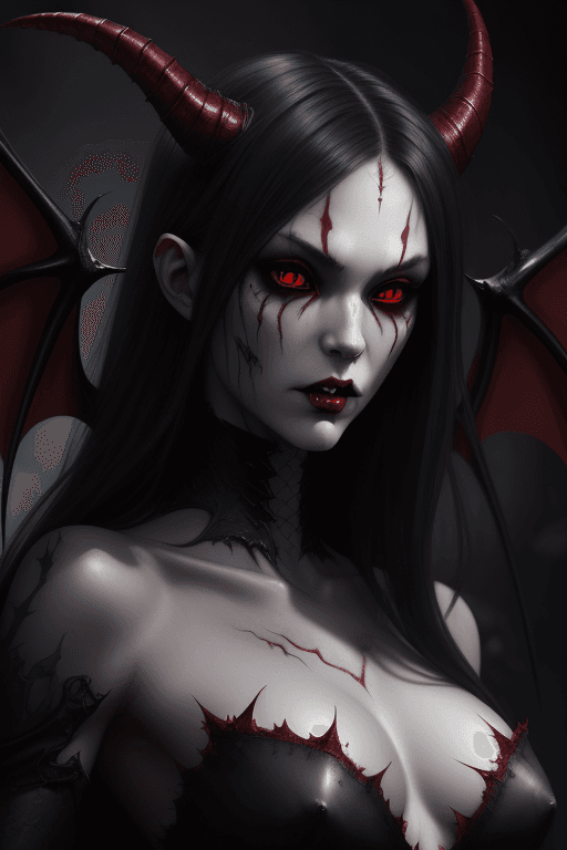 AI generated: Vampire girl. Beautiful face. Realistic face. Slender body. A horned demon. Red iris. Demon wings. D...