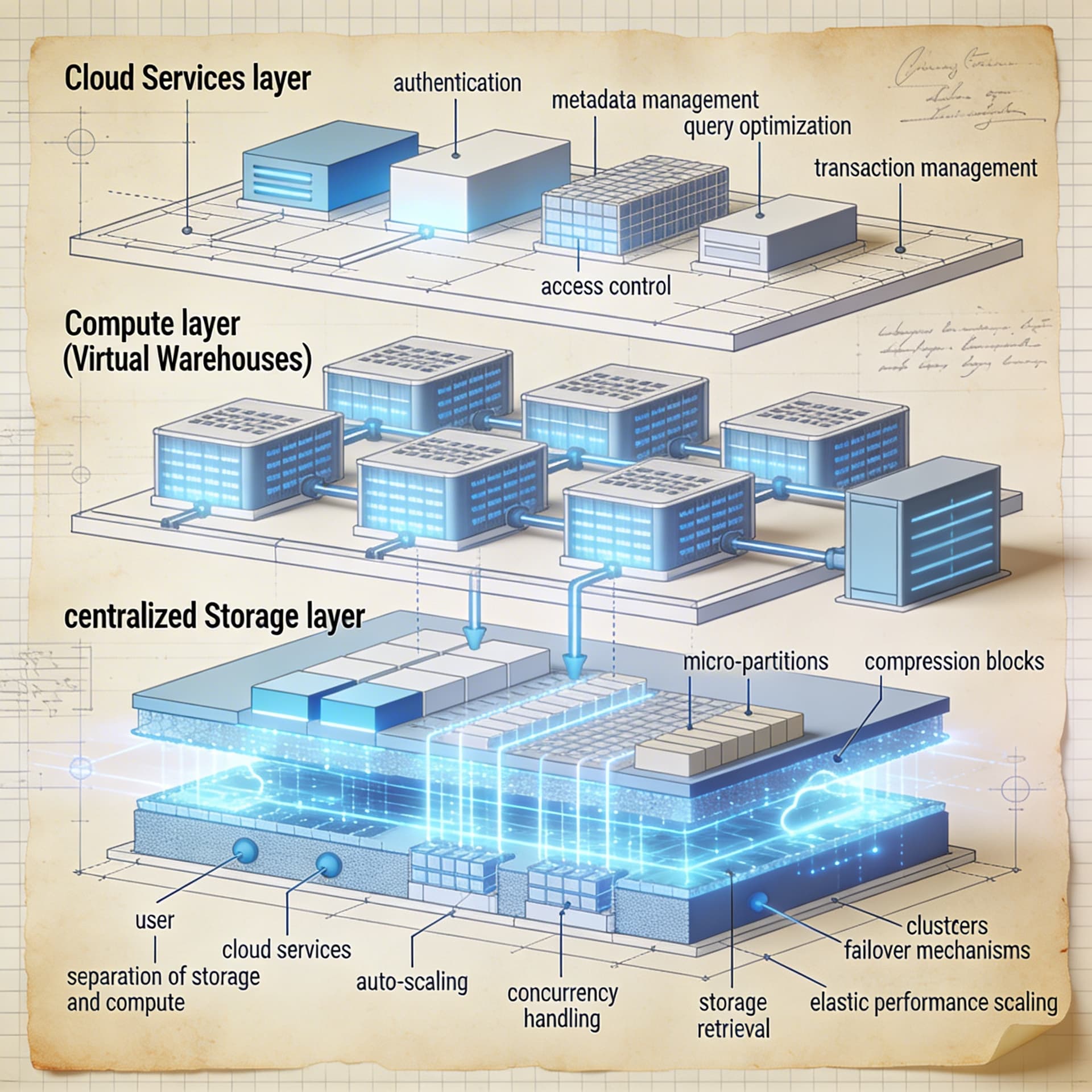 AI generated: A highly detailed digital architectural blueprint of Snowflake Data Cloud architecture, designed in ...