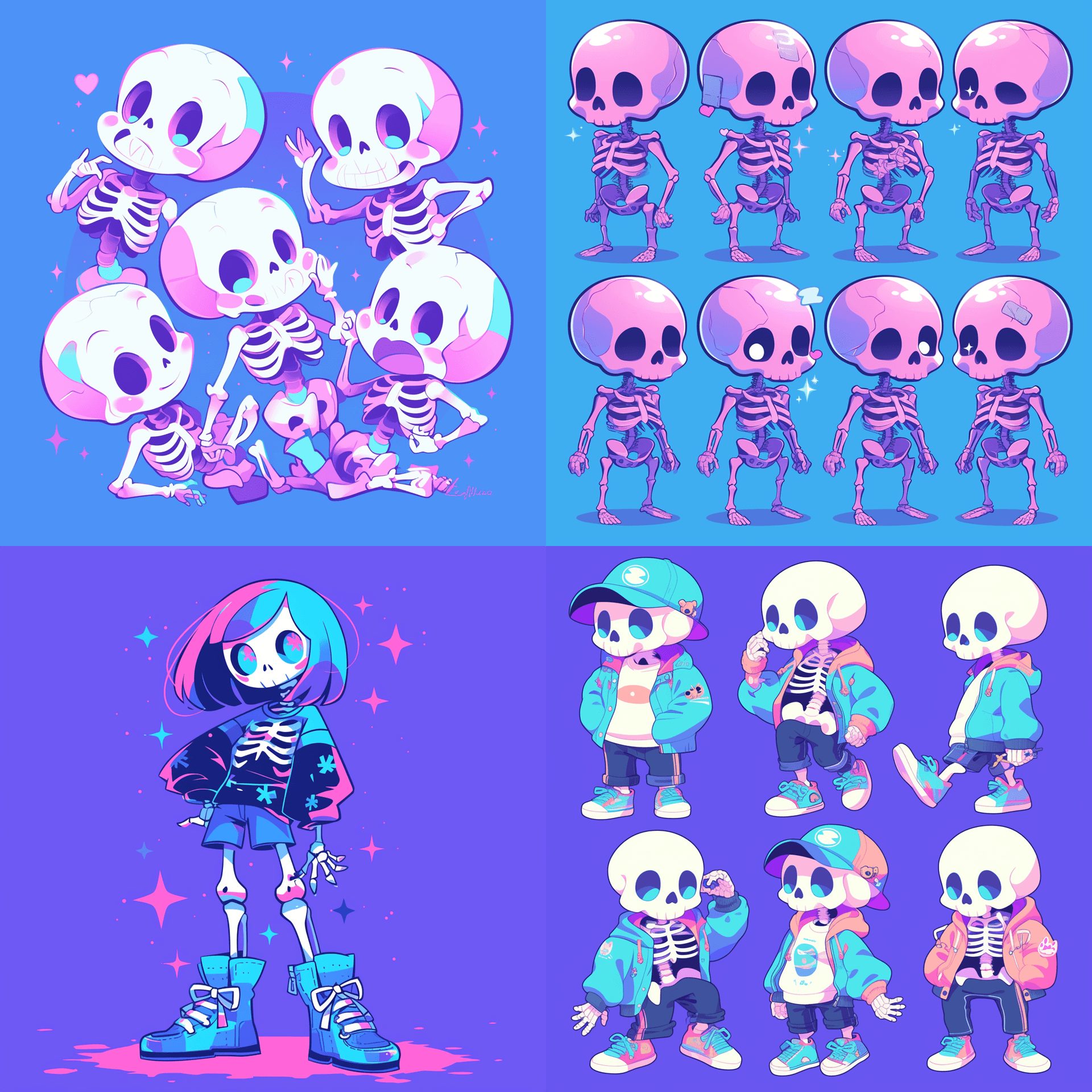 AI generated: A cute cartoon human full body skeletons, all set against an electric blue purple background, in the...