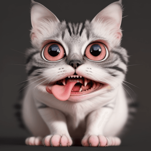 AI generated: a beautiful but ugly cat with a single tooth sticking out of its closed mouth with big, round eyes t...
