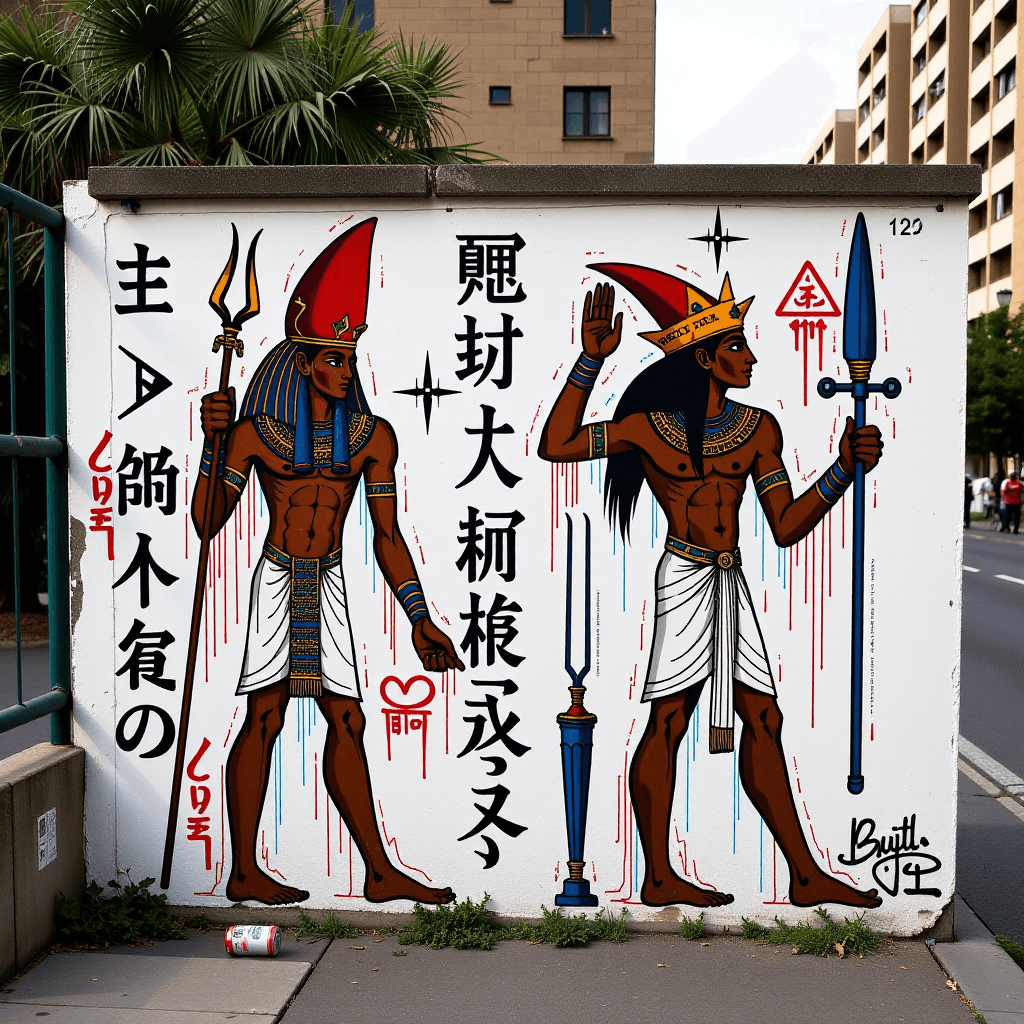 AI generated: "Ancient Egyptian gods depicted as modern-day street artists creating hieroglyphic graffiti, vibrant...