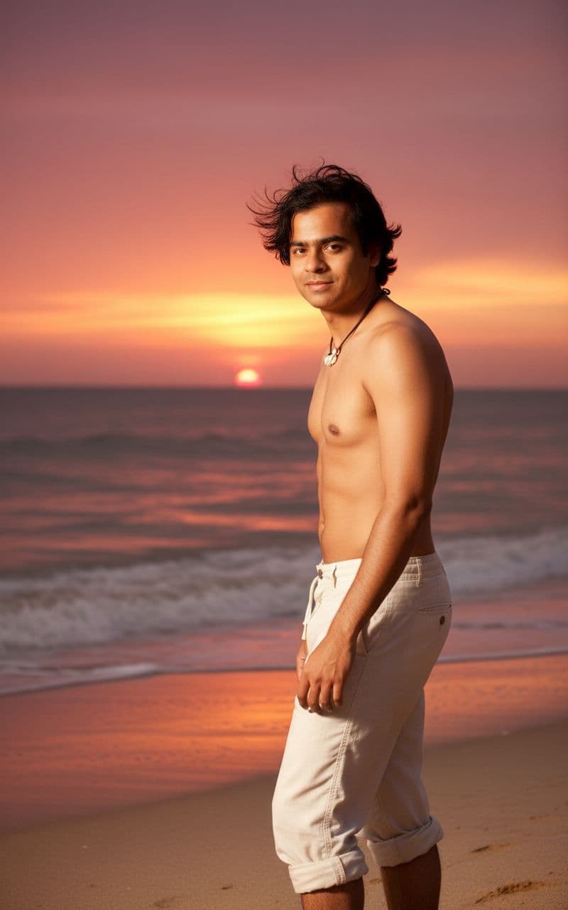 AI generated: A cinematic portrait of this man standing on the beach at sunset, with ocean waves behind him.

Wa...