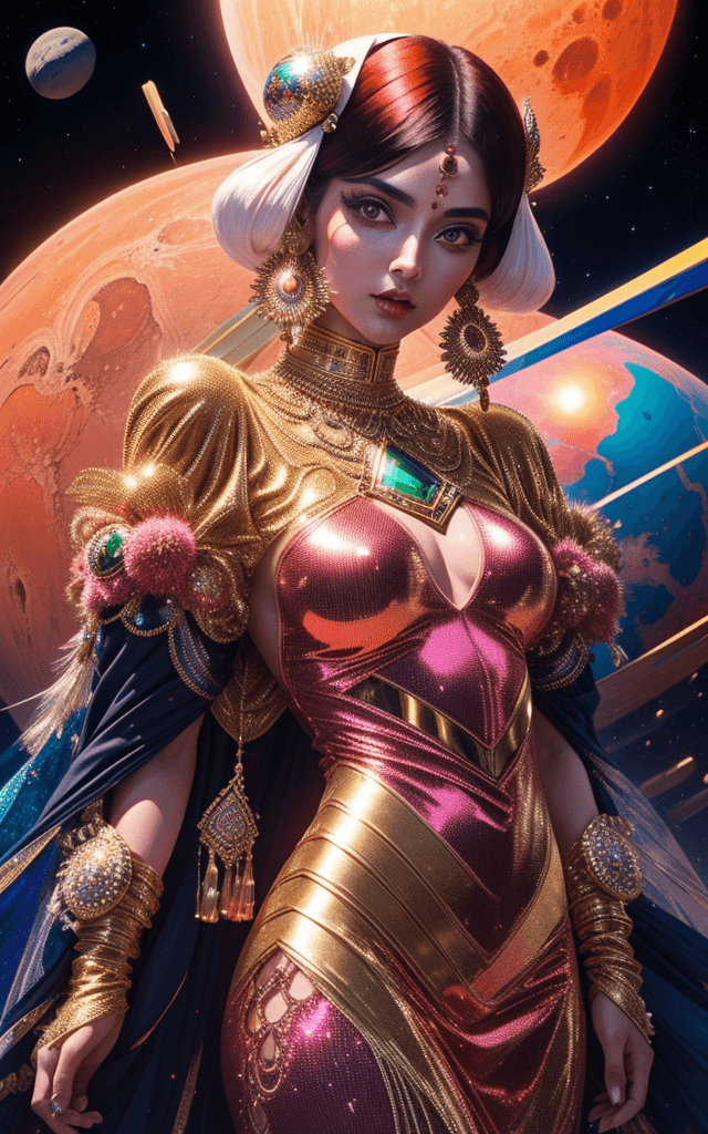 AI generated: Fashion on Mars like Persian style , futuristic , using iranian elements , persian patterns for fabr...