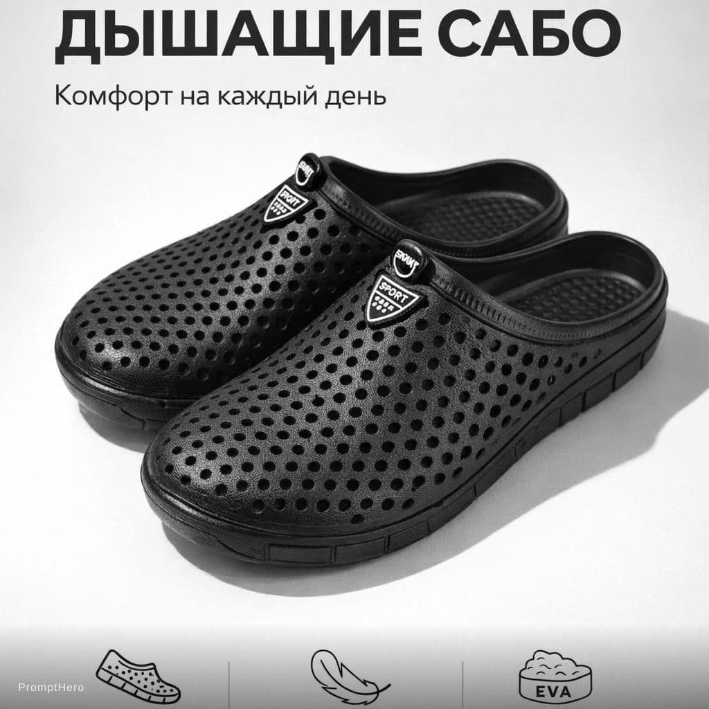 AI generated: marketplace product infographic slide, black breathable EVA clogs with perforated upper, pair of clo...