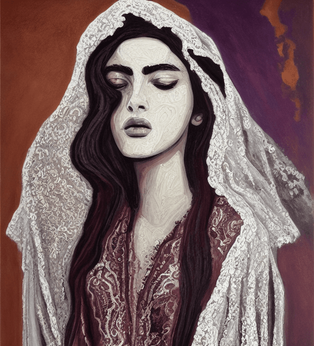 AI generated: Oil painting, high resolution 8k, Rothko master painter, Byzantine artwork, 
young lady close up bla...
