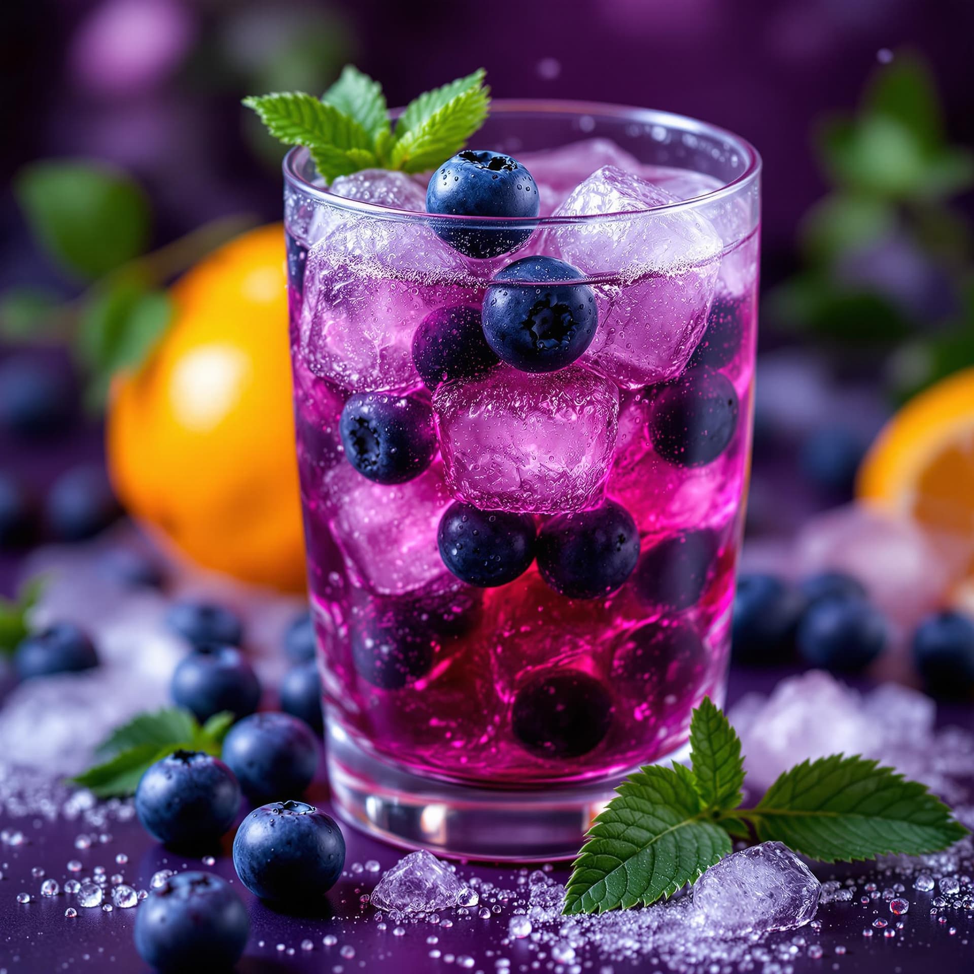 AI generated: The image displays a vibrant and appealing close-up of a purple beverage filled with ice and adorned...
