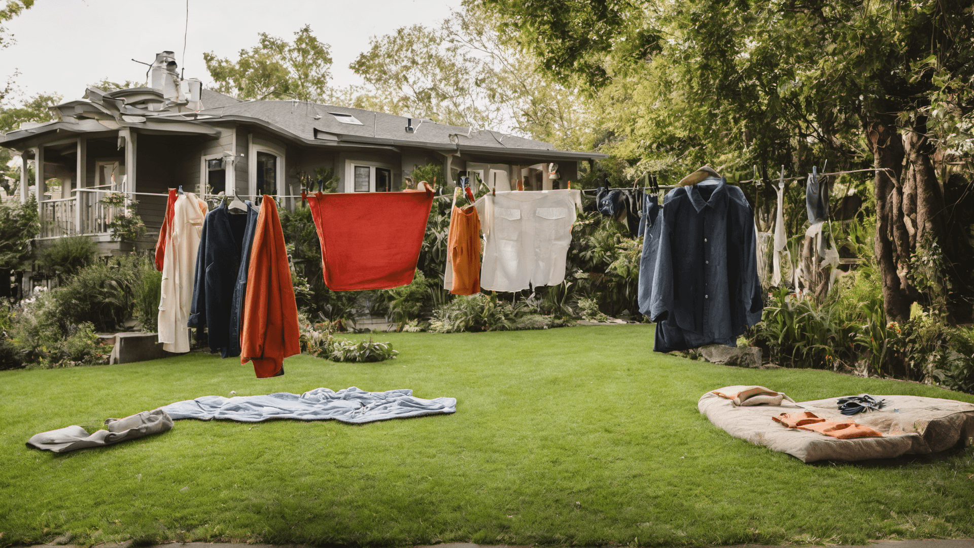 AI generated: photo of various clothing on a single line in a backyard with grass, house behind clothing