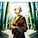AI generated: A mystical scene featuring a monk standing before a Shaolin Monastery backdrop, wearing a rice hat. ...