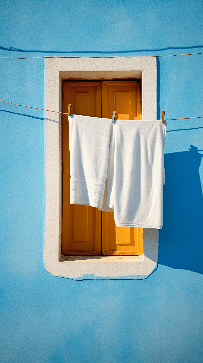 AI generated: white towel on clothesline, blue wall with window behind it, pin colorful, photography, --ar 9:16 --...
