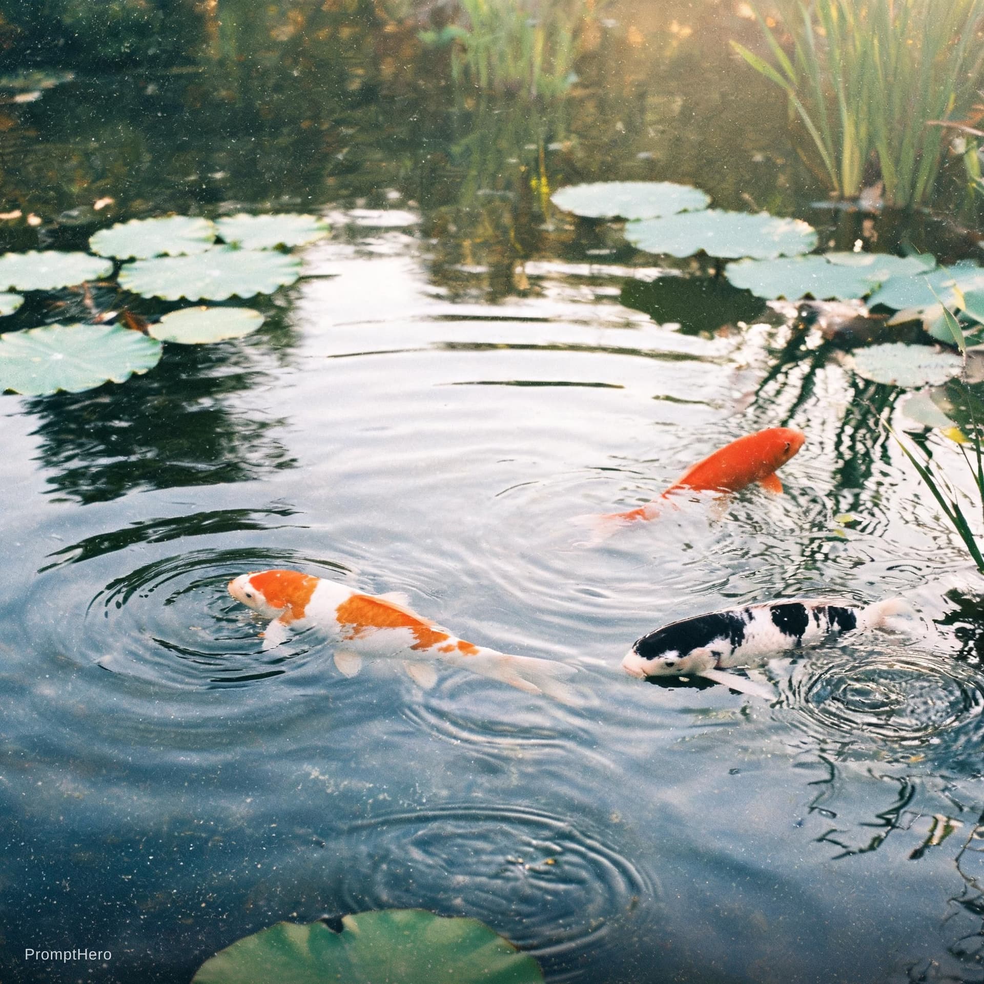 AI generated: Animate natural koi swimming and soft water ripples while keeping the same analog film grain, textur...