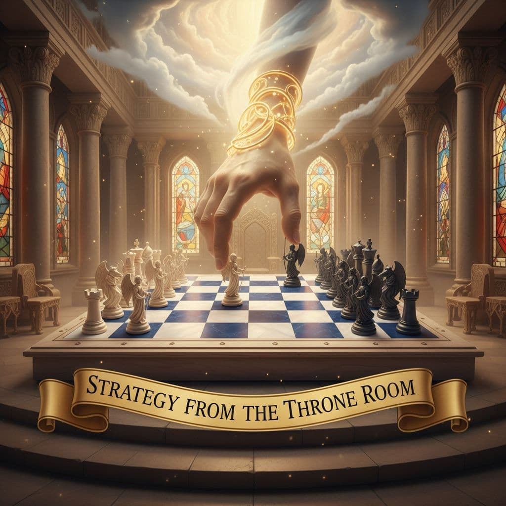 AI generated: "Strategy From the Throne Room" — 3D chessboard and heavenly hand