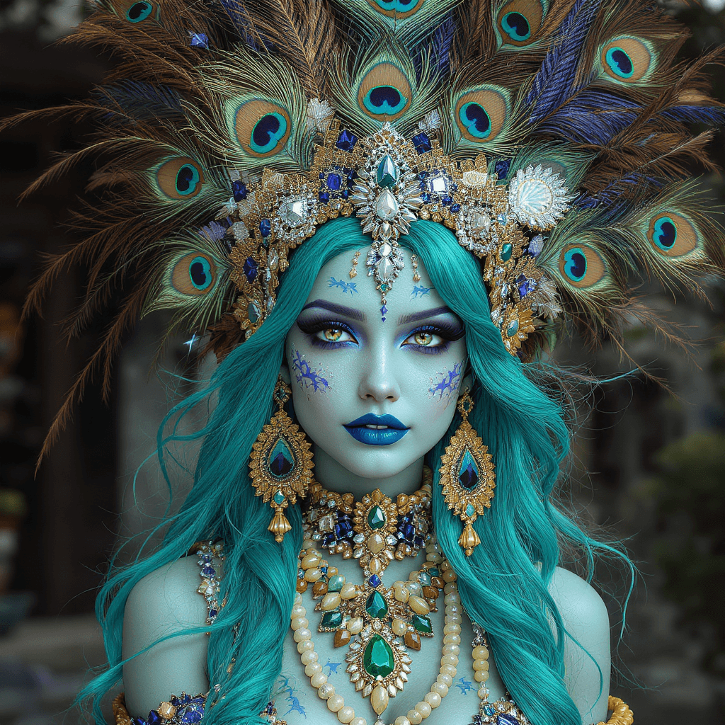 AI generated: peacock - themed girl, teal hair, elaborate peacock feather headpiece, large colorful hoop earrings,...
