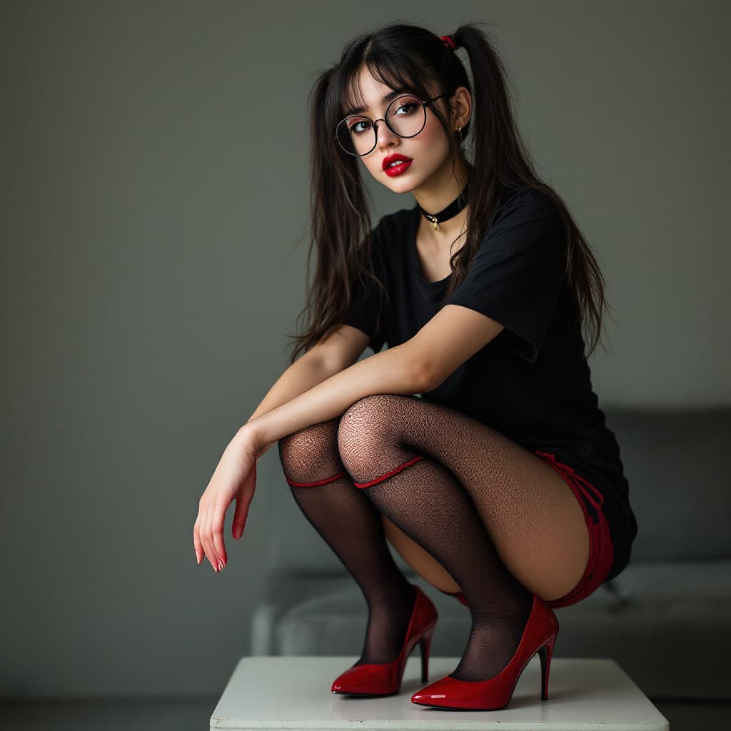 AI generated: photo of a 18-year-old woman with twintails and big round glasses wearing black tshirt and red short...
