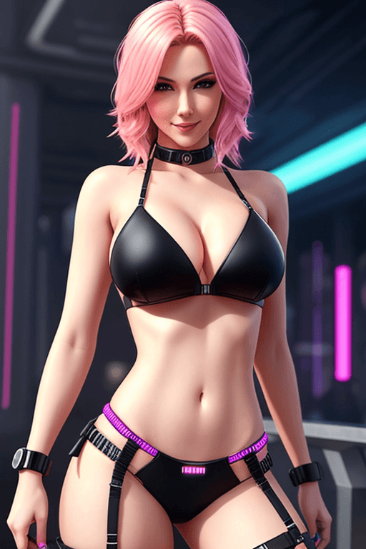 AI generated: A sexy lady in cyberpunk bikini, full body shot, looking at the viewer, [blond hair | pink hair], na...