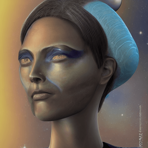 AI generated: cuerpo completo de extraterrestre con forma de mujer, grandes ojos dorados, tecnología antigua en el...