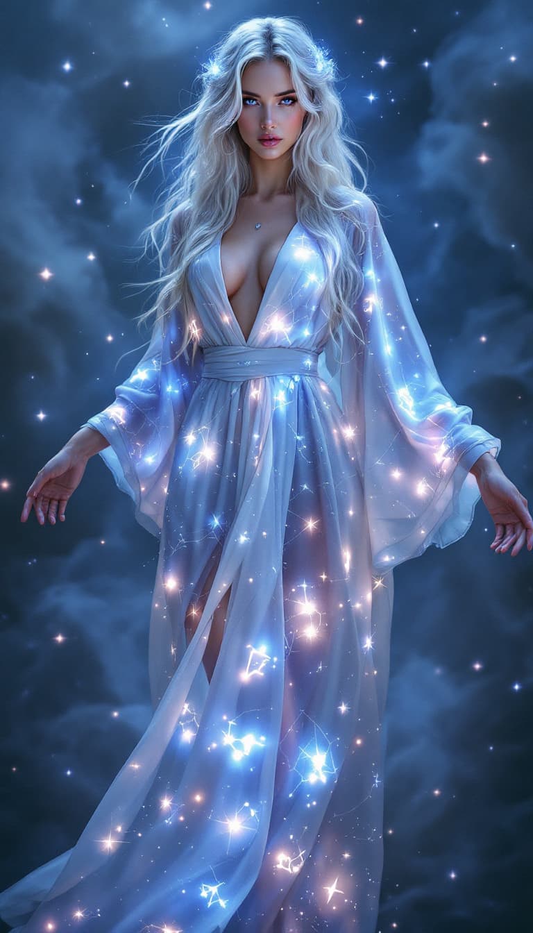 AI generated: An ultra-realistic, full-body portrait of a captivating celestial cartomancer woman, radiating ether...
