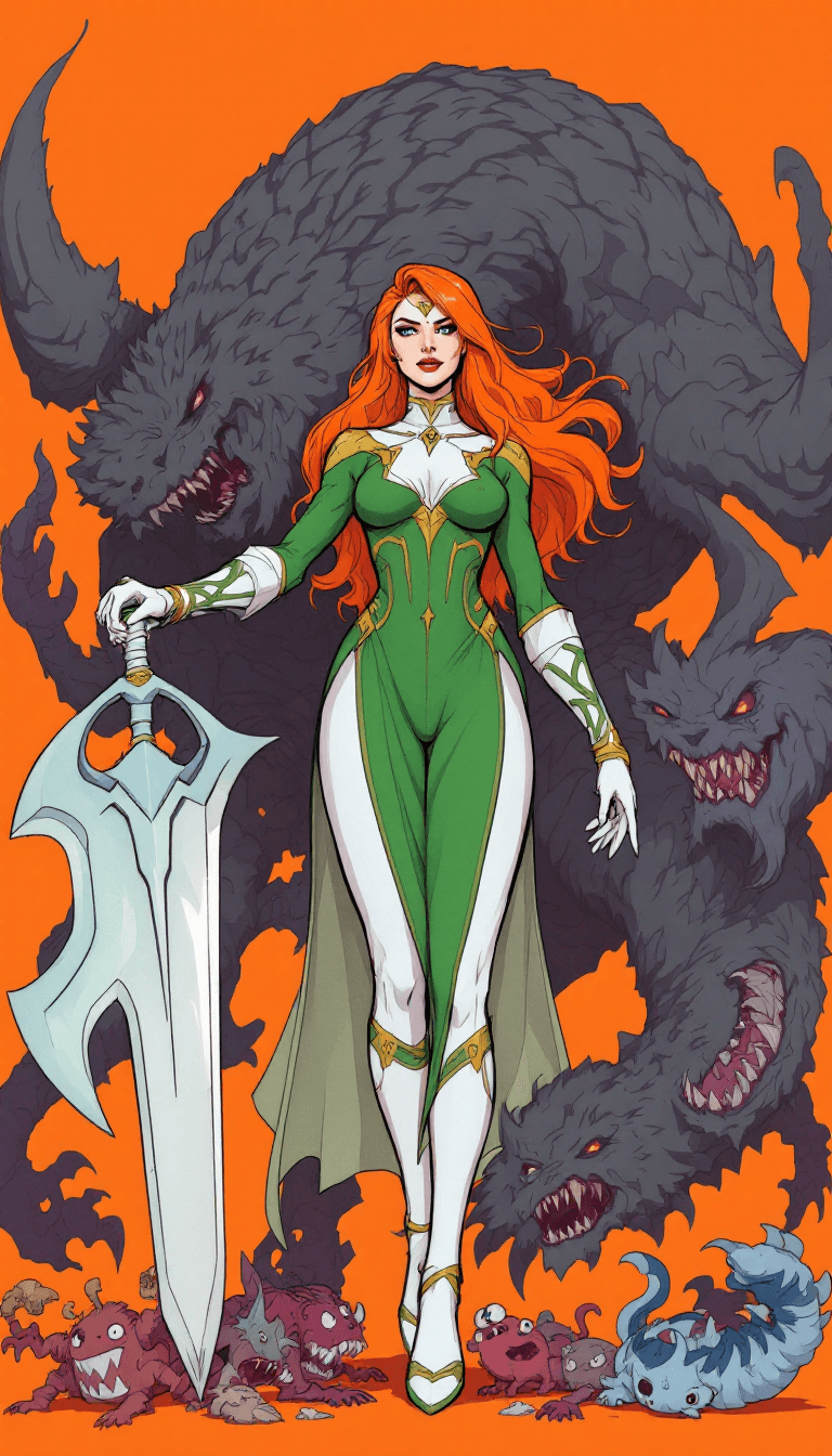 AI generated: The image is an illustration of a female superhero with long orange hair. She is wearing a green and...