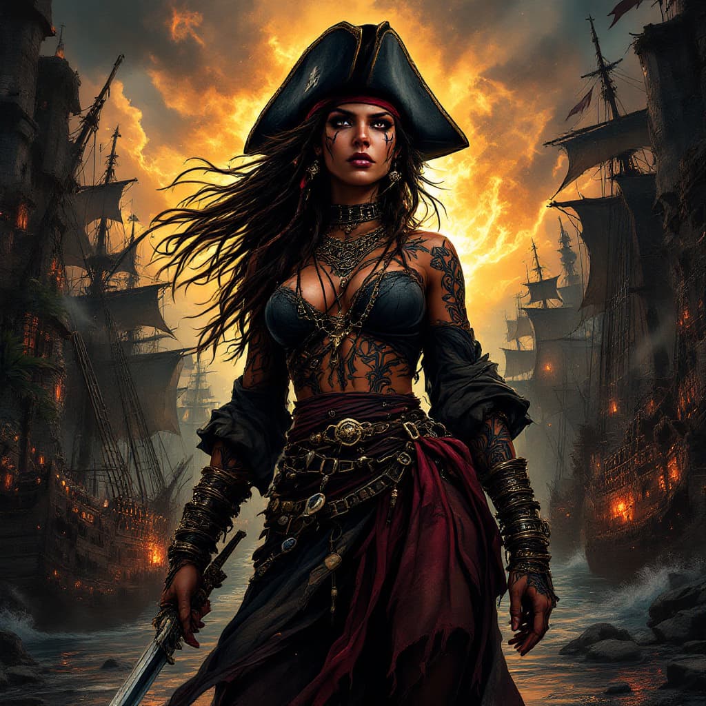 AI generated: dibujo,  animation, cartoon, Full body view A commanding Native Caribbean pirate captain stands tall...