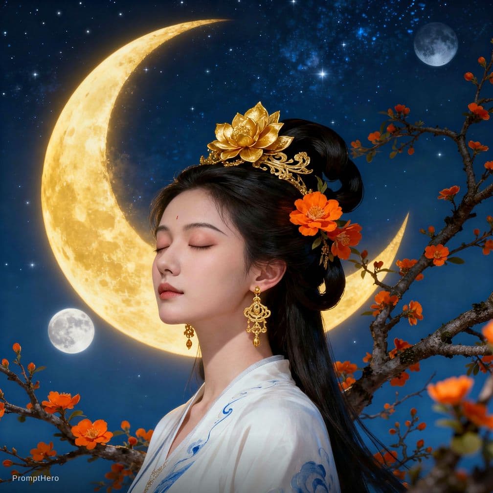 AI generated: Photorealistic artwork of a serene, celestial Asian-inspired woman with pale, porcelain skin and del...