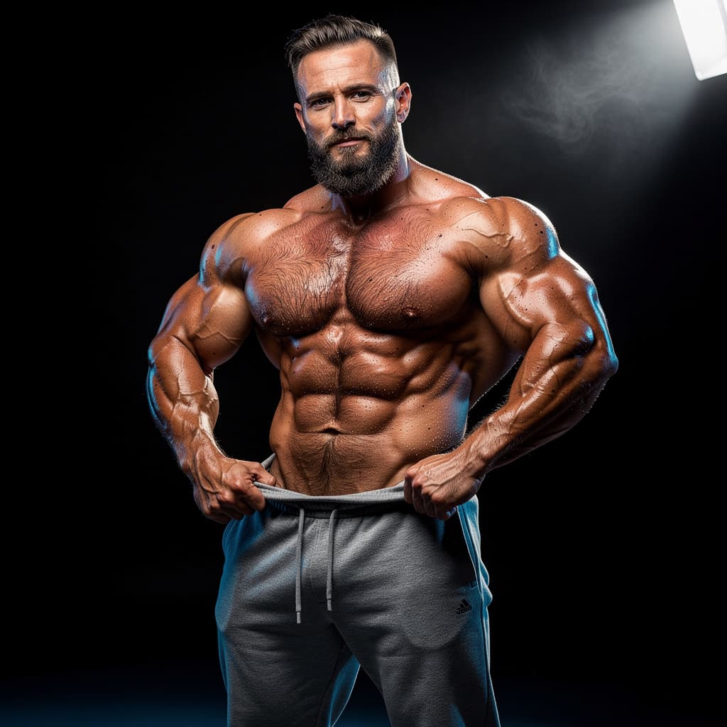 AI generated: Ultra-photorealistic professional studio portrait photograph of a rugged, powerfully built Caucasian...