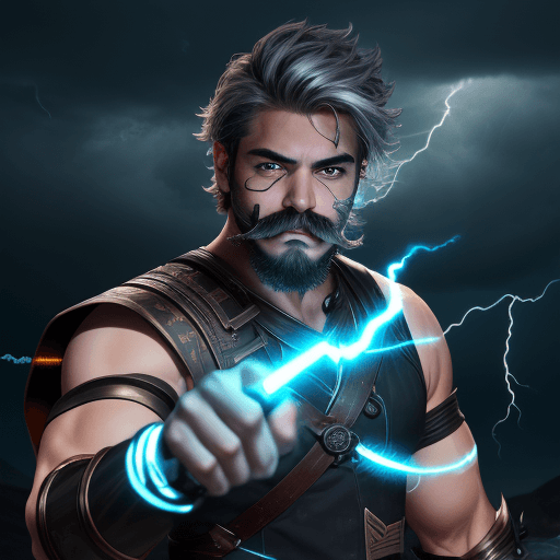 AI generated: 1boy, male_focus, solo, glowing, lightning, facial_hair, glowing_eyes, electricity, mustache, weapon...