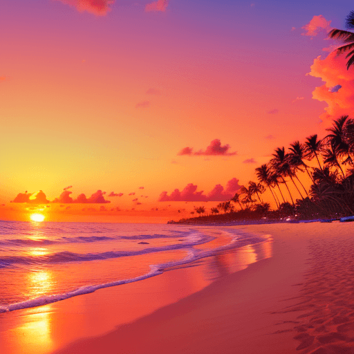 AI generated: A serene tropical beach at sunset, golden sand stretching into the distance, vibrant orange and pink...