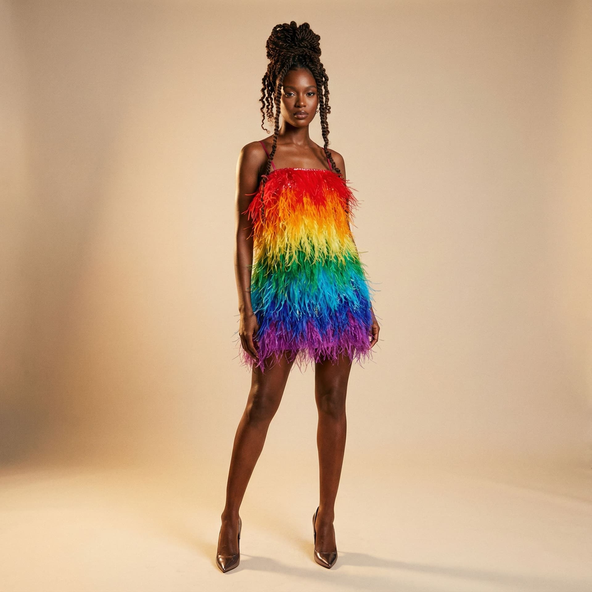 AI generated: A full-body portrait of a confident dark brown-skinned woman standing gracefully against a softly li...
