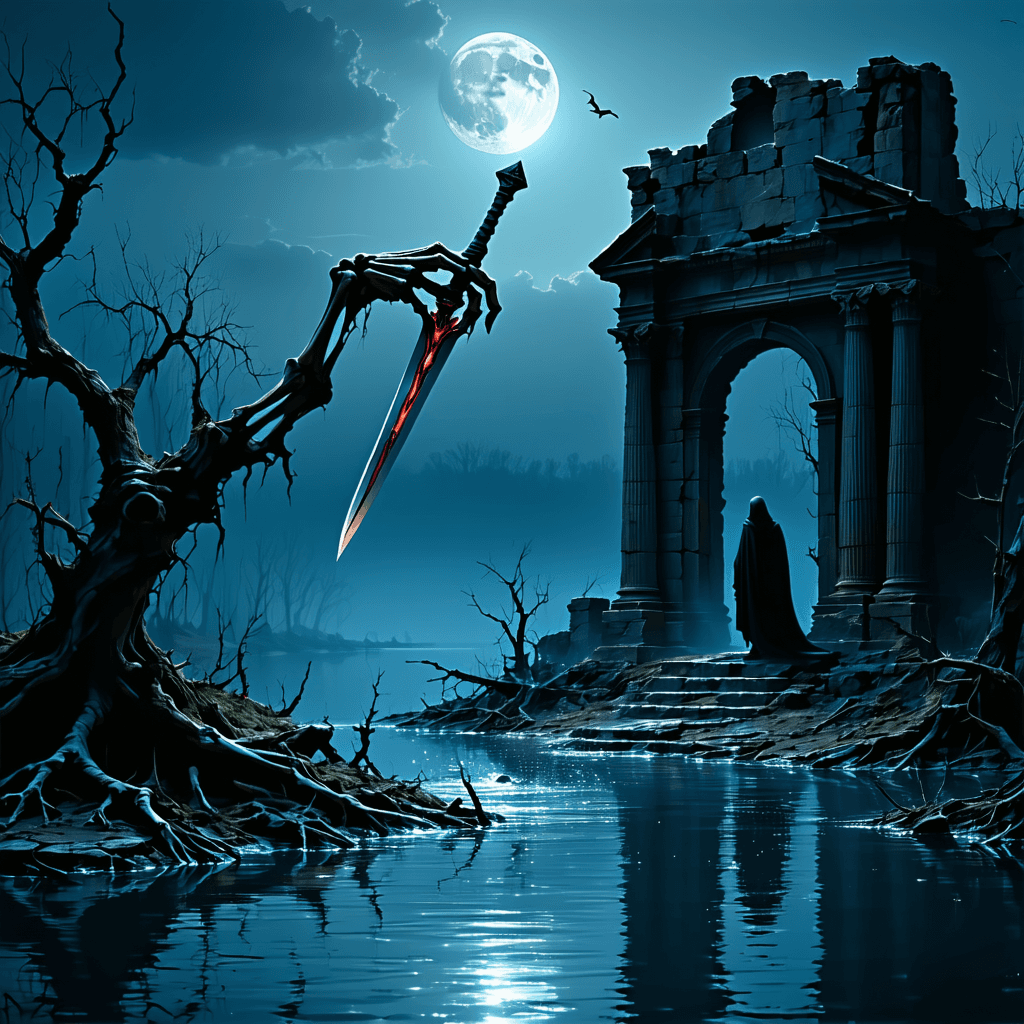 AI generated: **dark fantasy night landscape of dead trees, crescent moon, ruins, skeleton hand sticking out of wa...