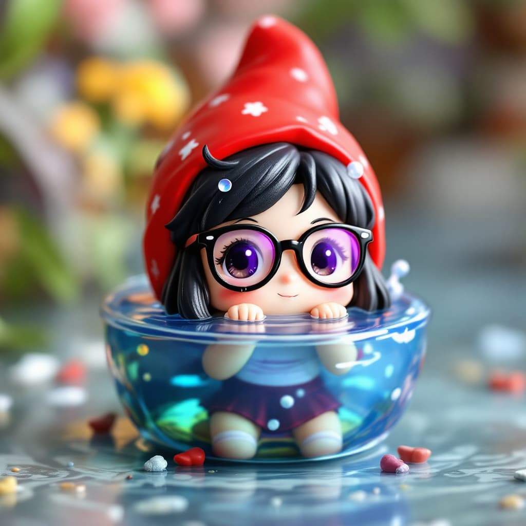 AI generated: A cute little hybrid figure with a Japanese
girl's face, wearing glasses and a gnome-like
body float...