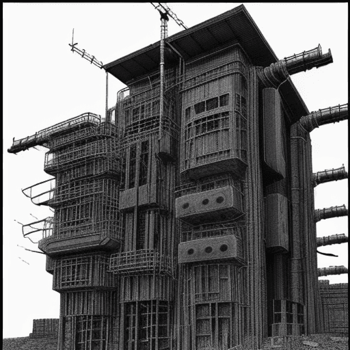 AI generated: old black and white manga style drawing of a sinister industrial structure, inspired in tsutomu nihe...