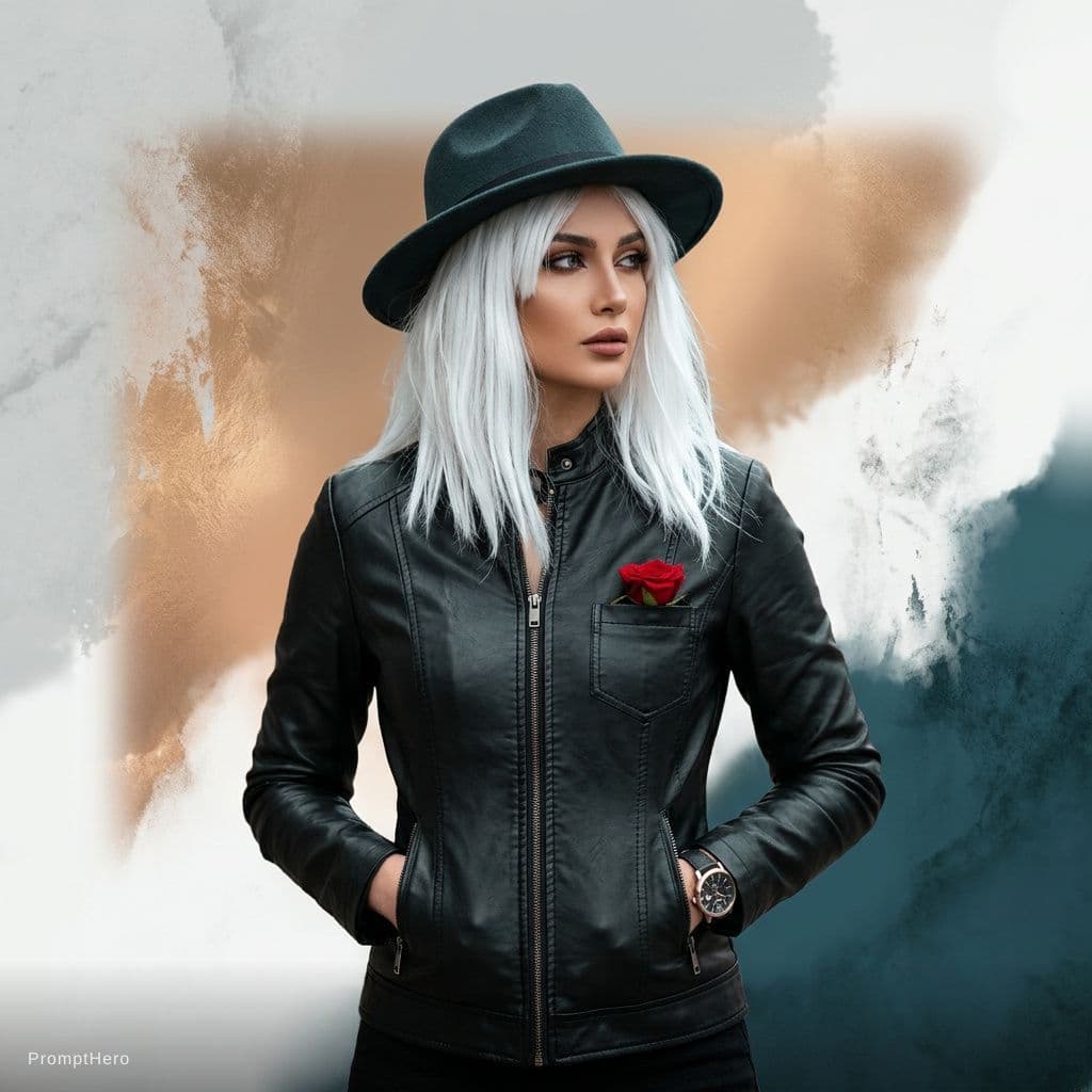 AI generated: a woman with white hair wearing a tight black jacket and a hat, in the style of mashup of styles, li...