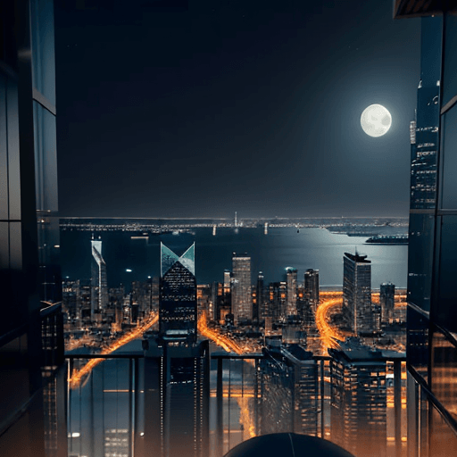 AI generated: From your balcony, skyscrapers reach towards the moonlit sky, their reflective surfaces shimmering w...