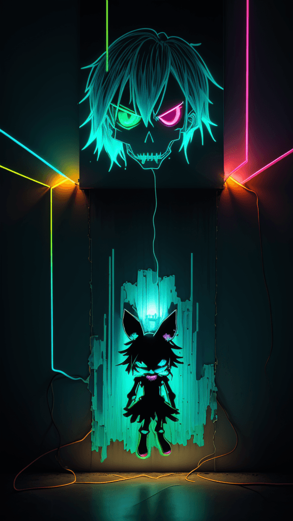 AI generated: a neon smashed up wall with a light coming out in the middle, in the style of anime art, skeletal, l...