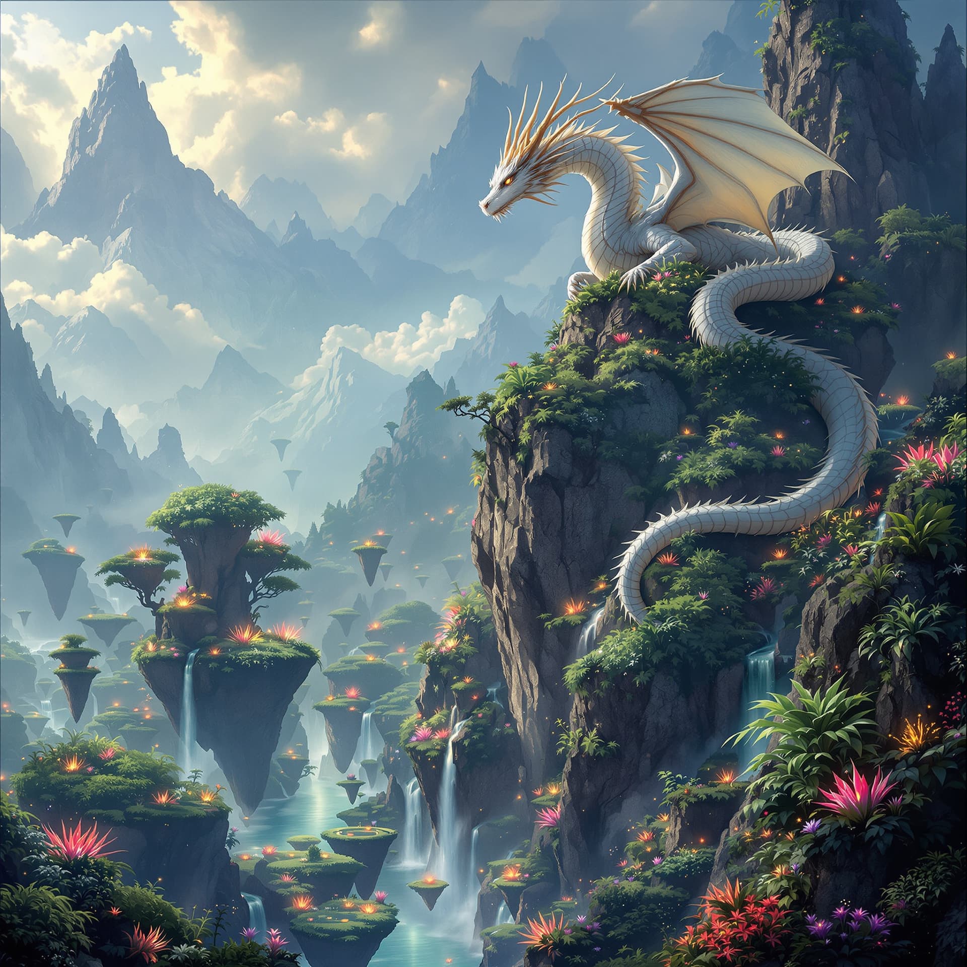 AI generated: A majestic Dragon perched on a craggy mountaintop, overlooking a mystical valley filled with floatin...
