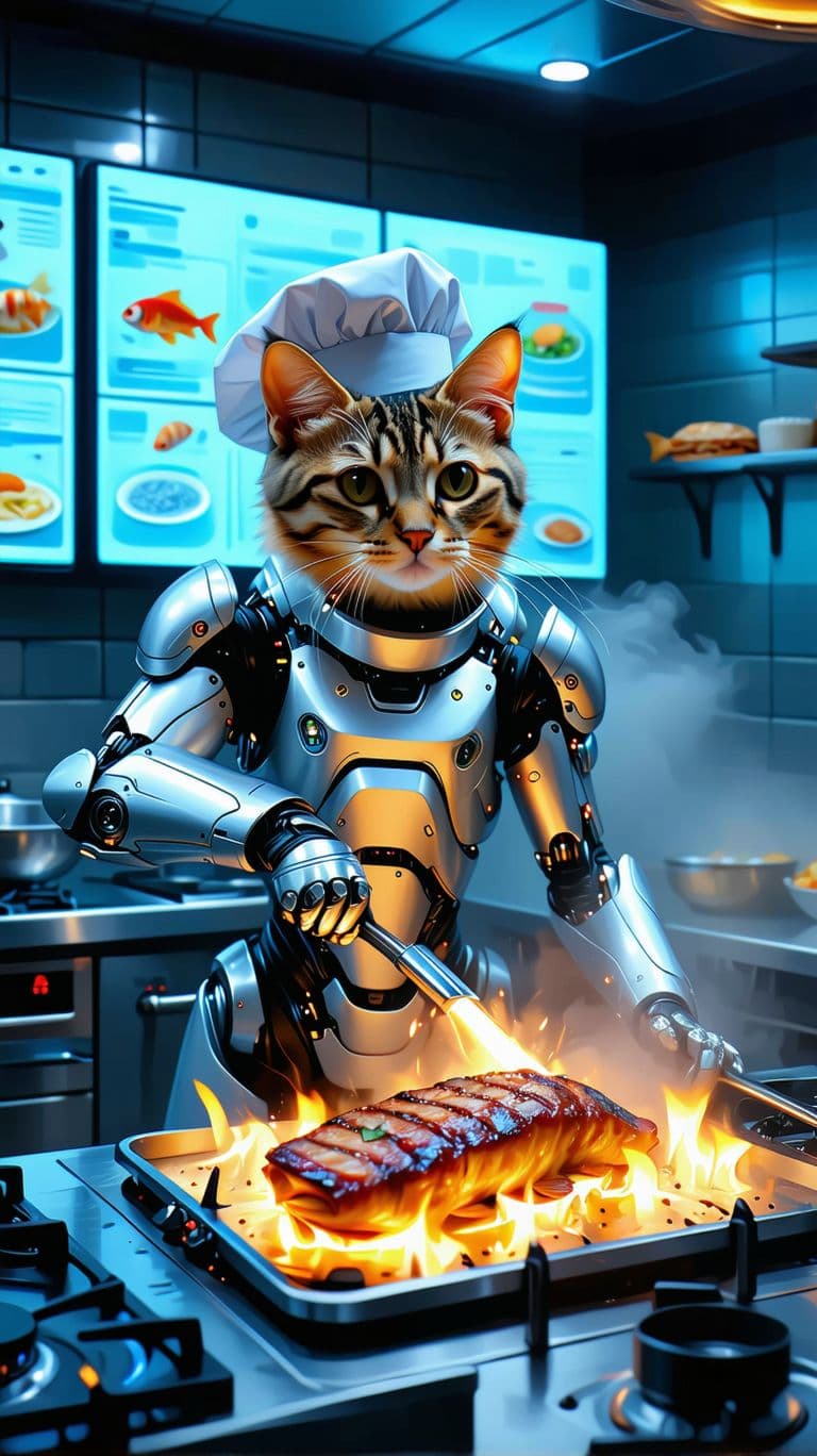 AI generated: A cat in a silver futuristic cybernetic suit with a chef's hat is frying a grilled fish meat that fl...