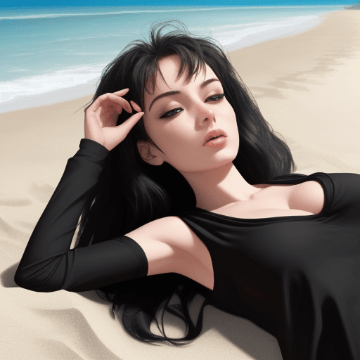 AI generated: create a really hot women at the beach lying down wearing black clothing