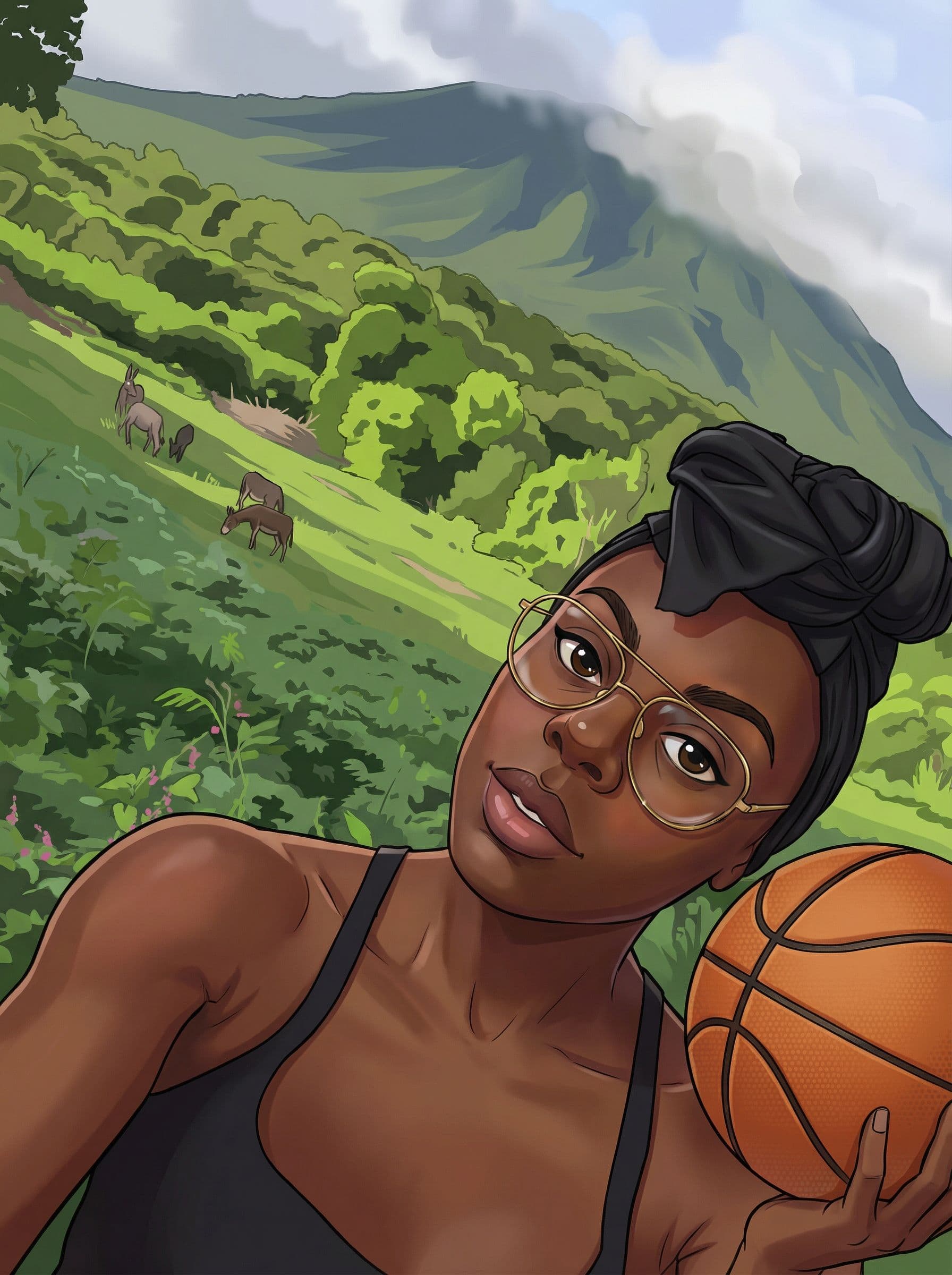 AI generated: a cartoon girl with a basketball ball in her hand, cartoon concept art, 2 d illustration, 2d illustr...
