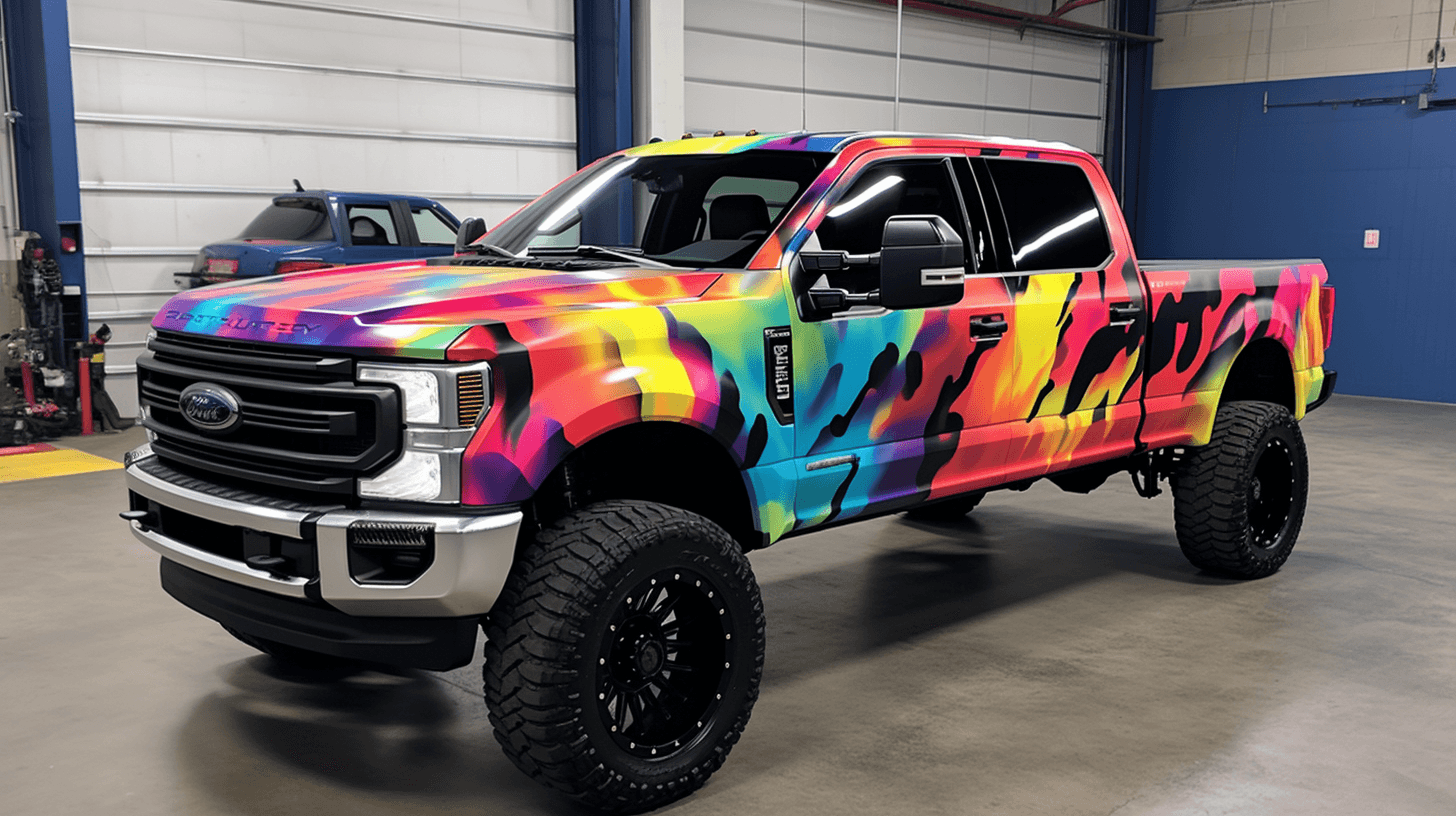 AI generated: Lifted 2023 Ford f250 with vinyl car wrap. The truck is in a car wrap studio shop