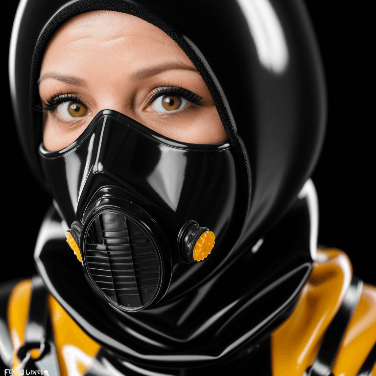 AI generated: hyper realistic headshot photo of a 40 year old woman, wearing a latex gas mask, a black latex prote...