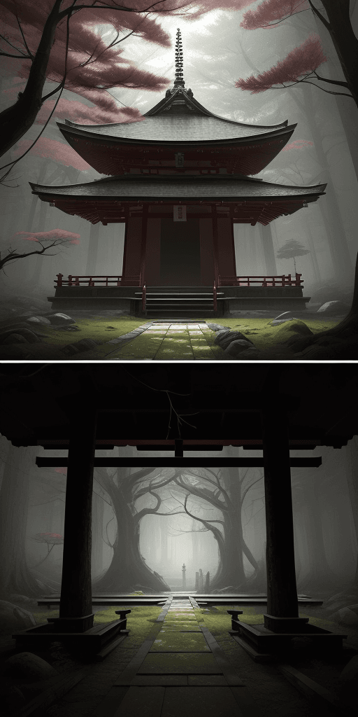 AI generated: concept art by sylvain sarrailh of a haunted japan temple in a forest 
