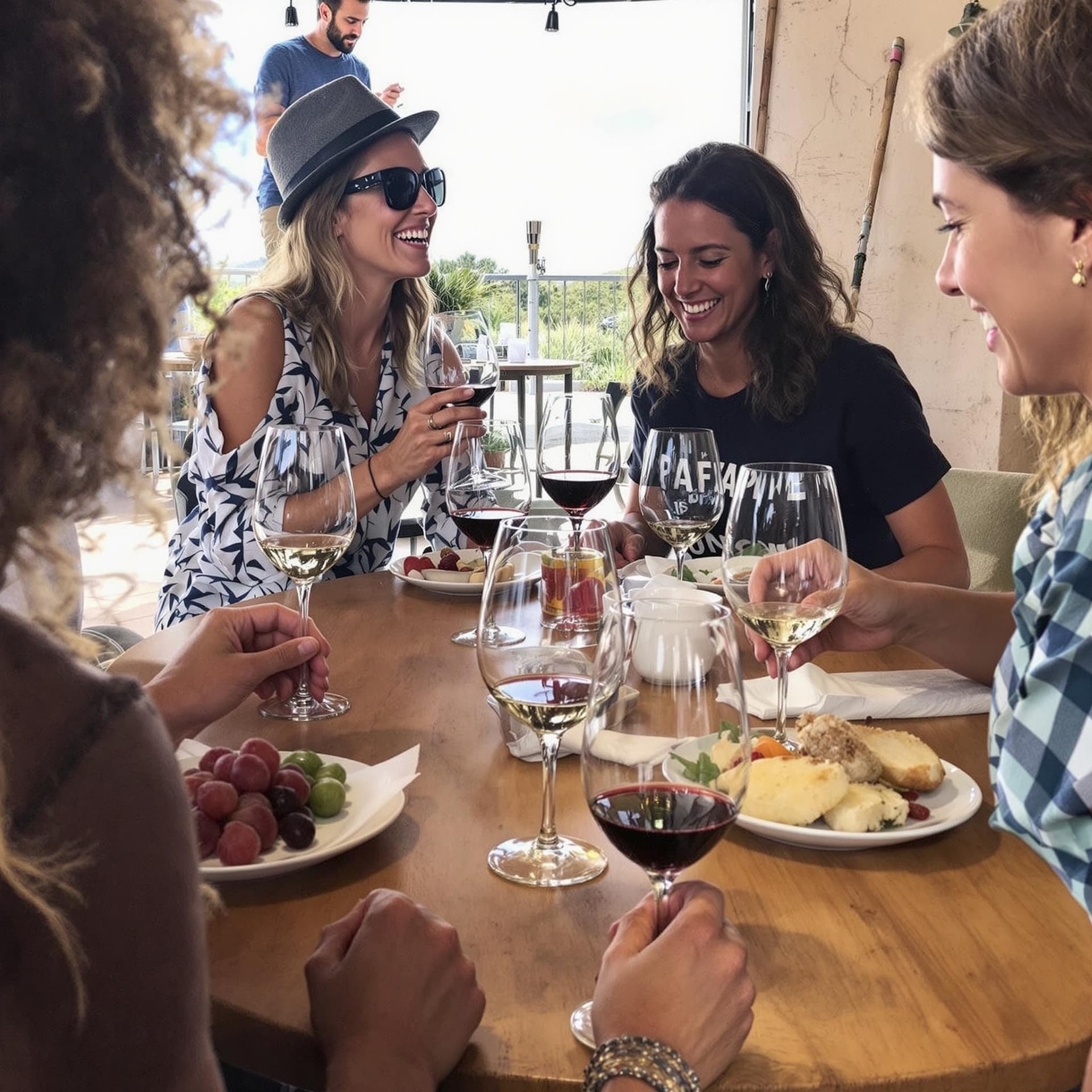 AI generated: wine tasting in portugal, team building, happy group, startup retreat