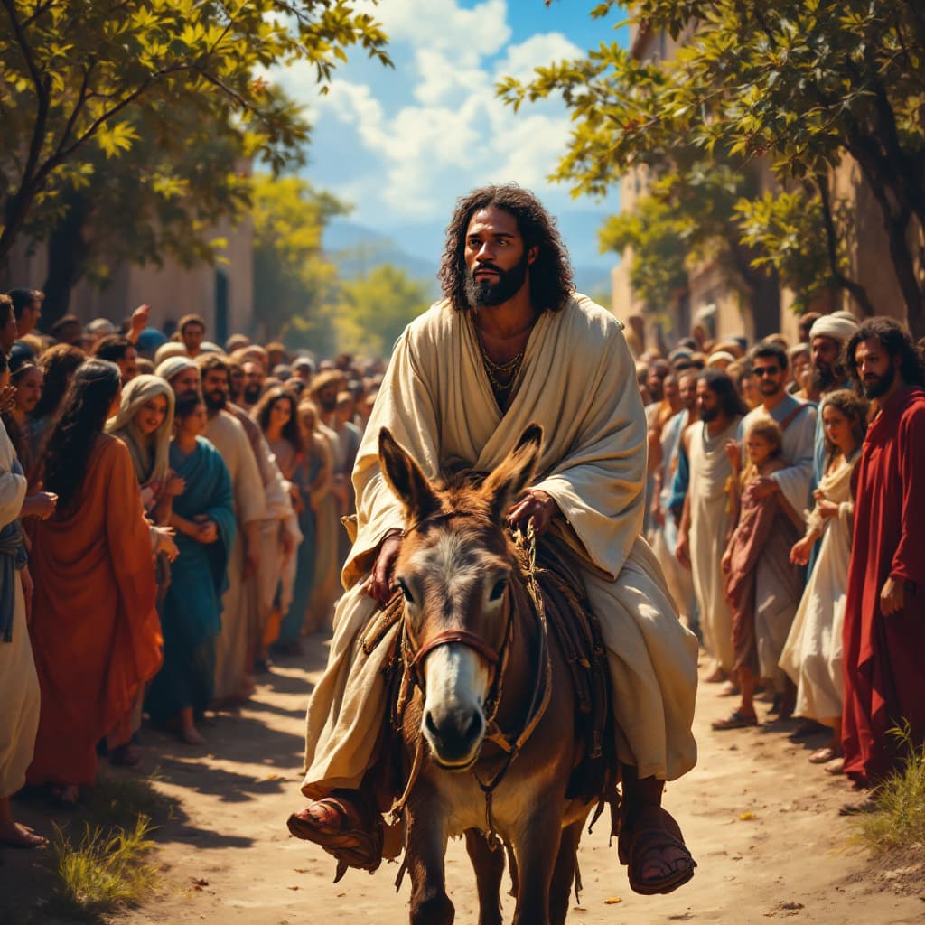 AI generated: a black jesus riding a donkey with its colt side by side on a crowded dirt road of followers surroun...