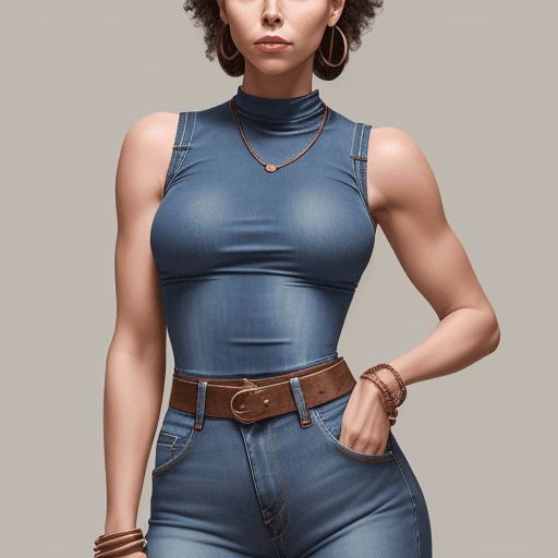 AI generated: A photorealistic image of a cross-dressed woman in a stylish denim ensemble. She wears a sleeveless,...