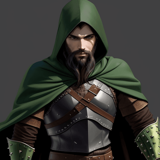 AI generated: illustration, d&d fantasy male rogue, wearing brown studded leather armor, with a dagger in hand, bl...