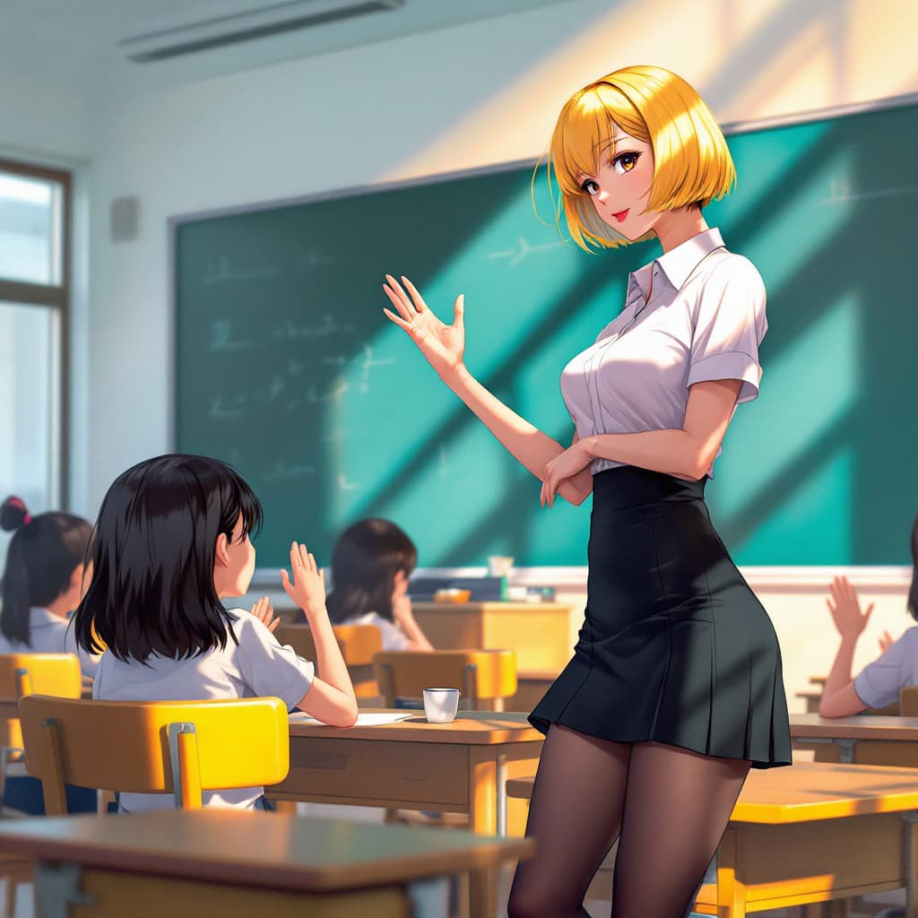 AI generated: A Japanese  female,blond Hair Bob, black miniskirt, black tights,
She is a teacher, she is in the cl...