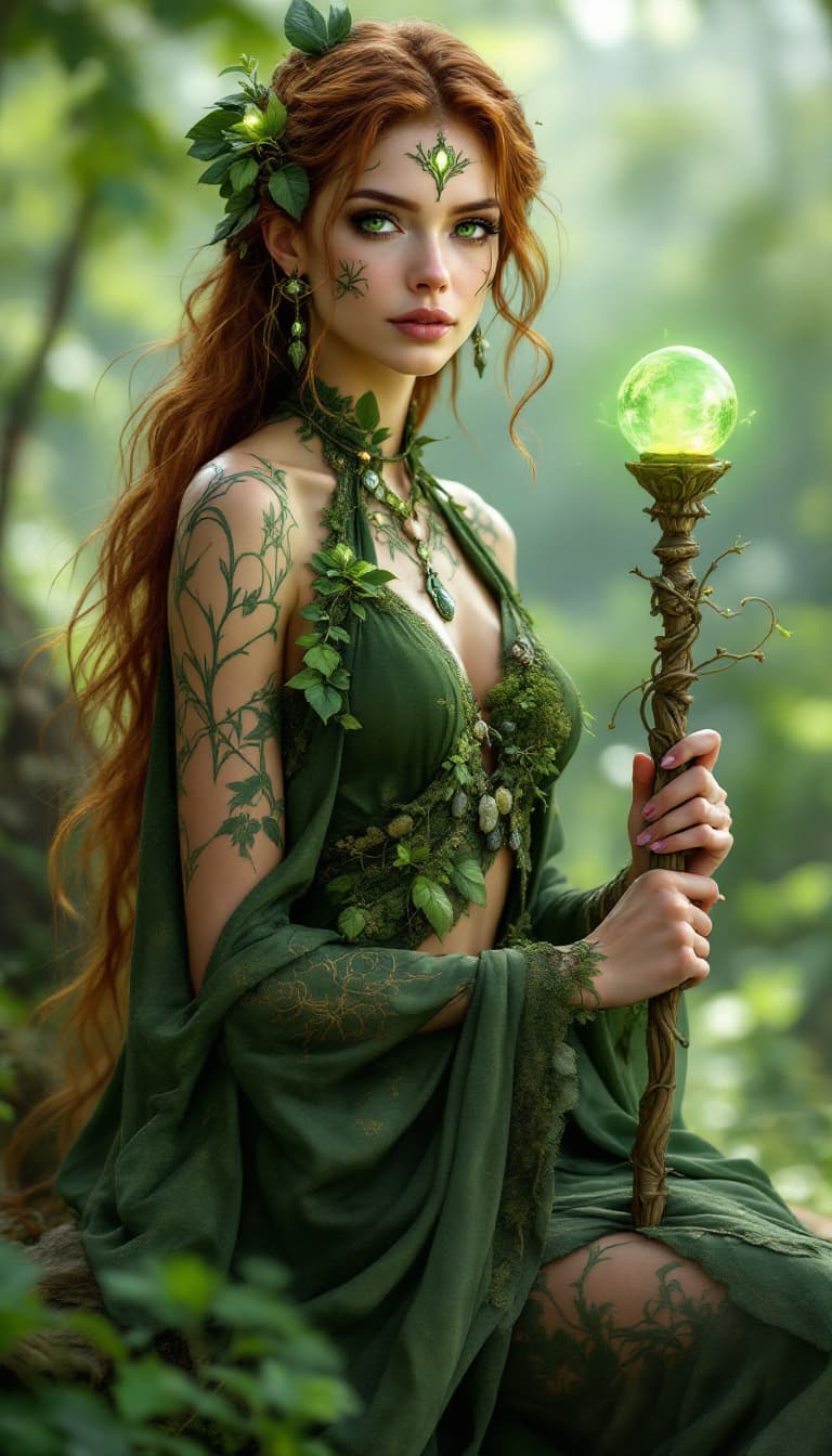 AI generated: An ultra-realistic, full-body portrait of a captivating earth priestess woman, radiating grounded po...