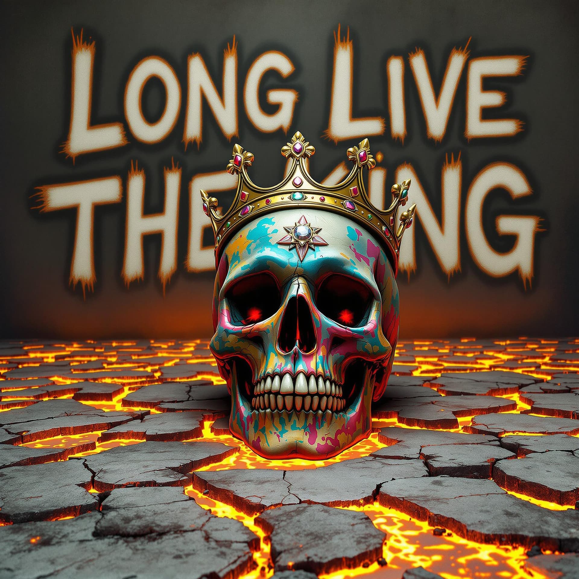 AI generated: Old decayed MULTI-COLORED SPRAY PAINTED skull with a 5 point gold and jewelled crown on top is on th...