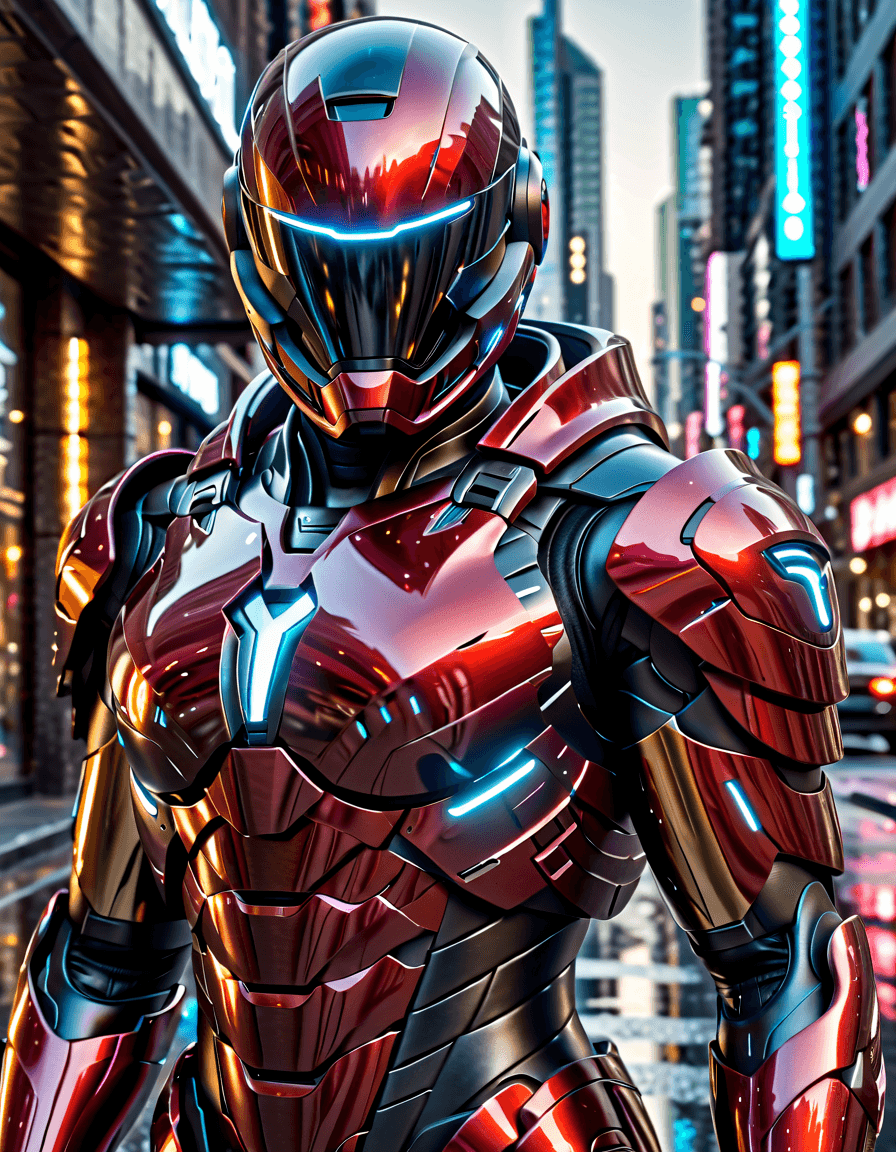 AI generated: hyperrealistic art Futuristic soldier with advanced armor, weaponry, and helmet, neon red, street, o...